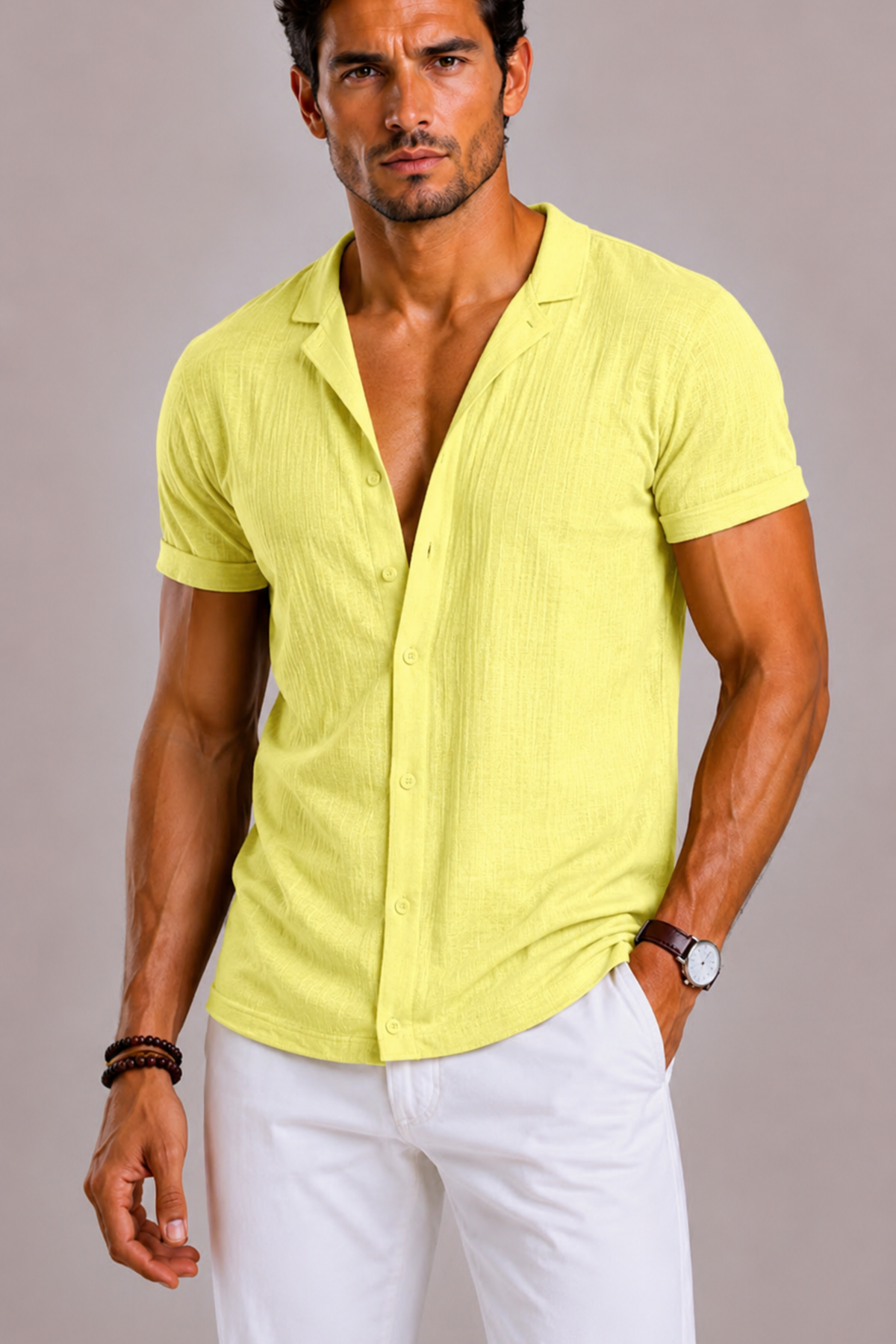 Men's Textured Short-Sleeve Shirt with Camp Collar – view 11