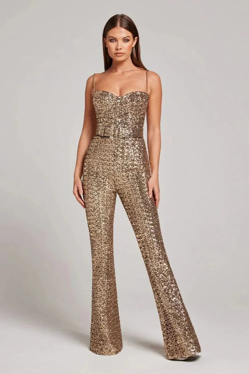 Women's Glitter Jumpsuit with Waist Belt