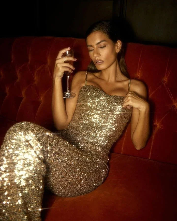Women's Glitter Jumpsuit with Waist Belt