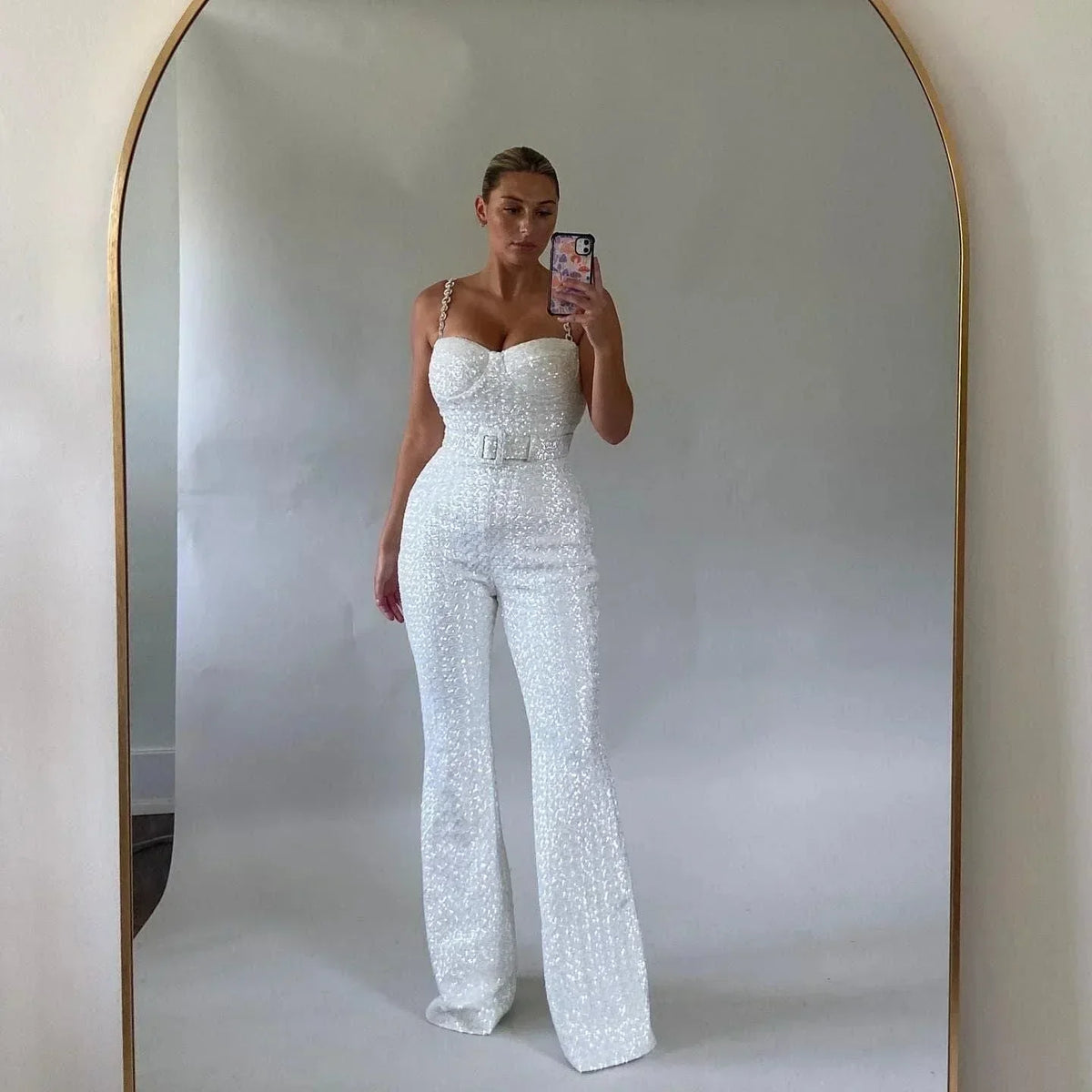 Women's Glitter Jumpsuit with Waist Belt