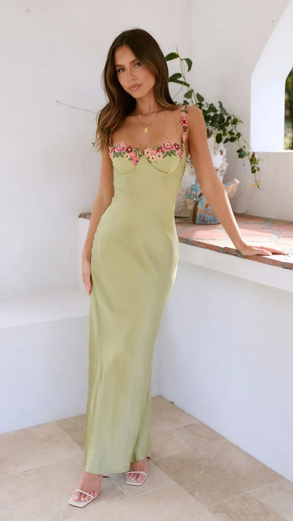 Women's Floral Maxi Dress Wedding Guest Dress with Strappy Floral Details
