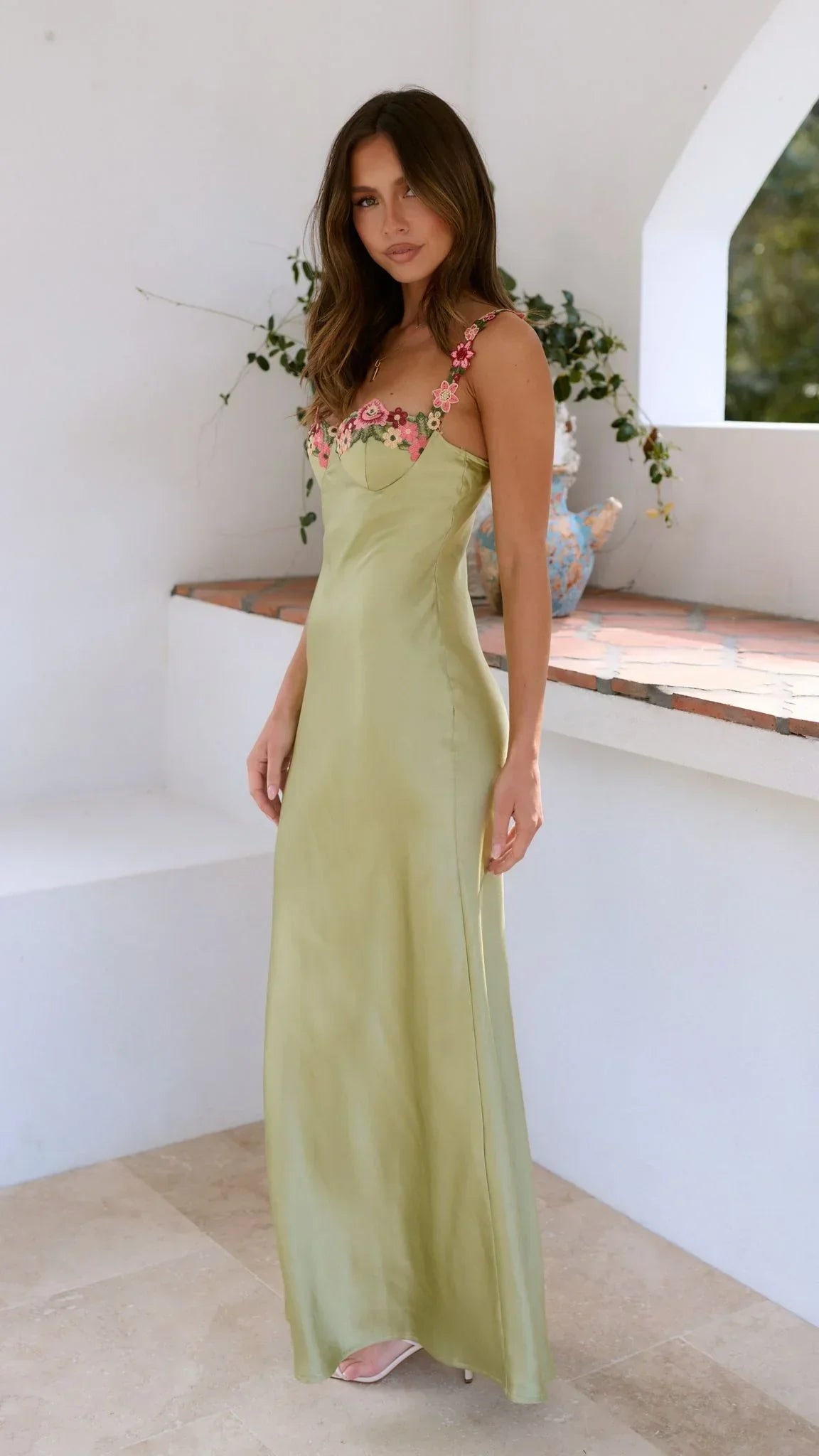 Women's Floral Maxi Dress Wedding Guest Dress with Strappy Floral Details
