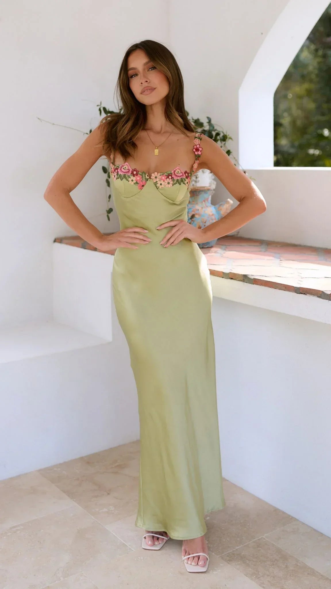 Women's Floral Maxi Dress Wedding Guest Dress with Strappy Floral Details – Light Green