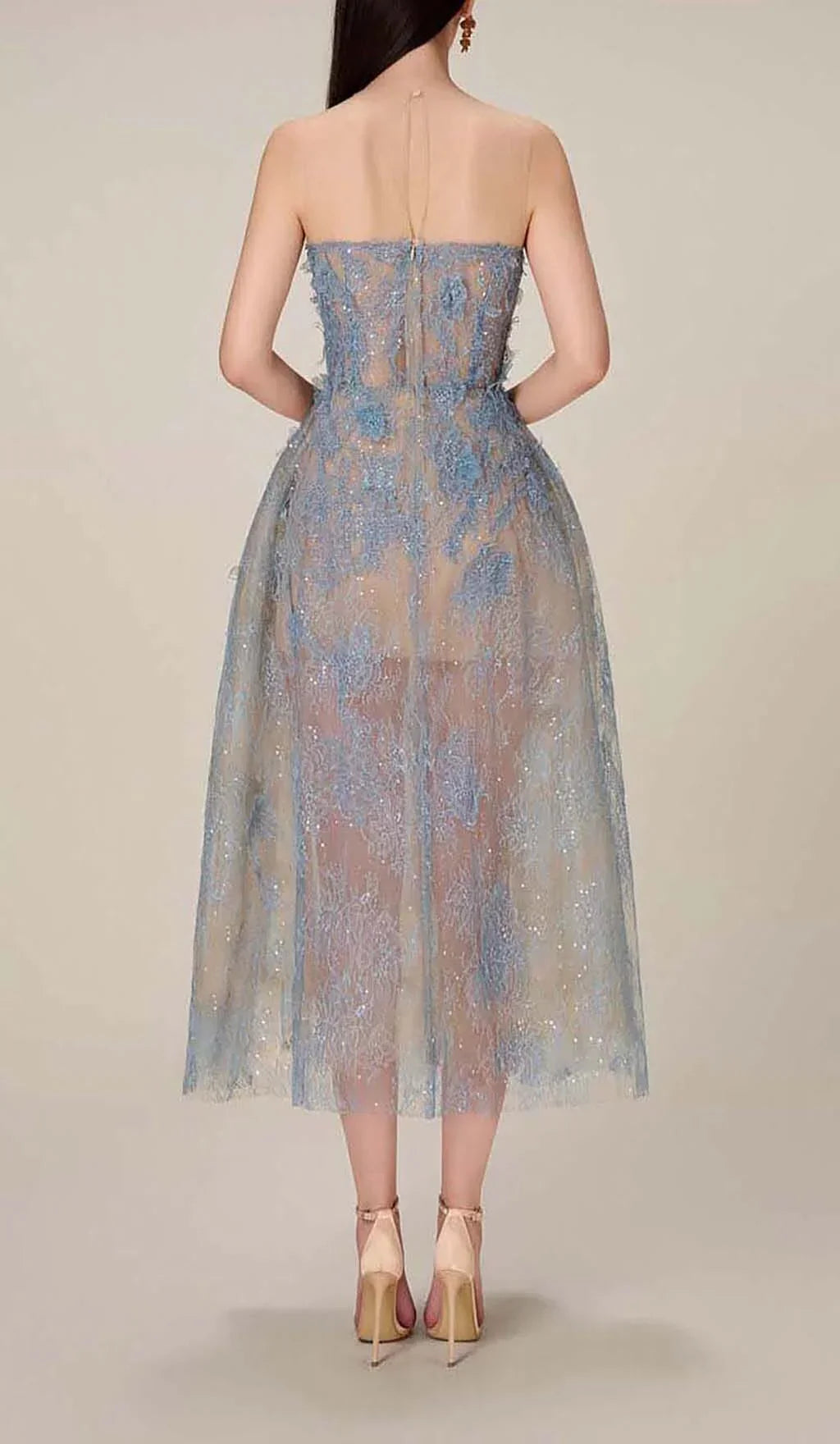 Women's Embroidered Tulle Midi Dress with Strapless Bodice