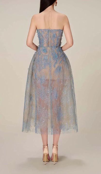 Women's Embroidered Tulle Midi Dress with Strapless Bodice