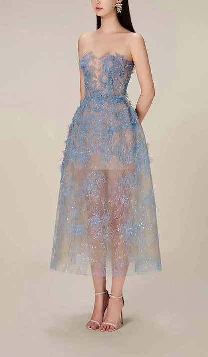 Women's Embroidered Tulle Midi Dress with Strapless Bodice