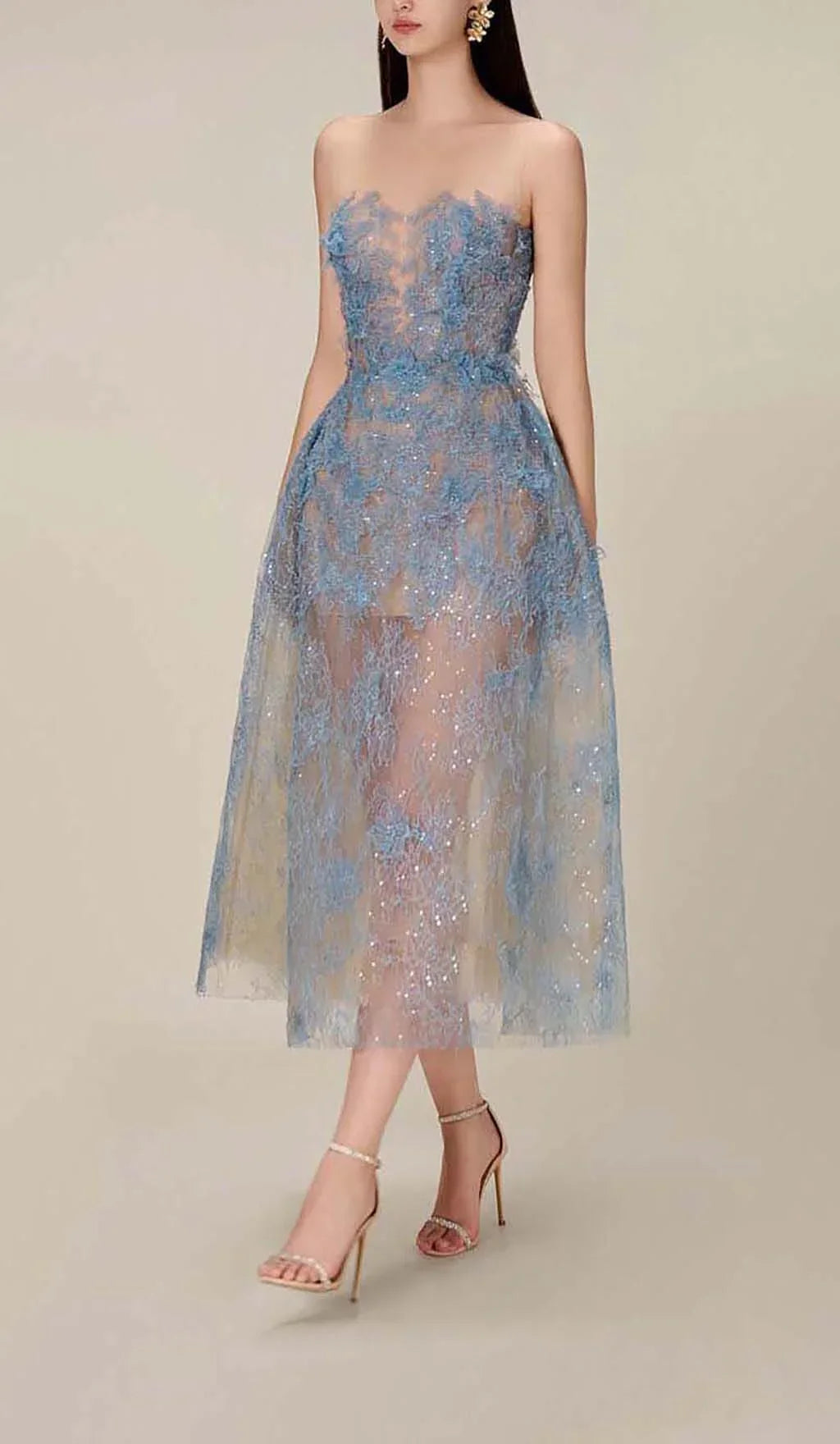 Women's Embroidered Tulle Midi Dress with Strapless Bodice