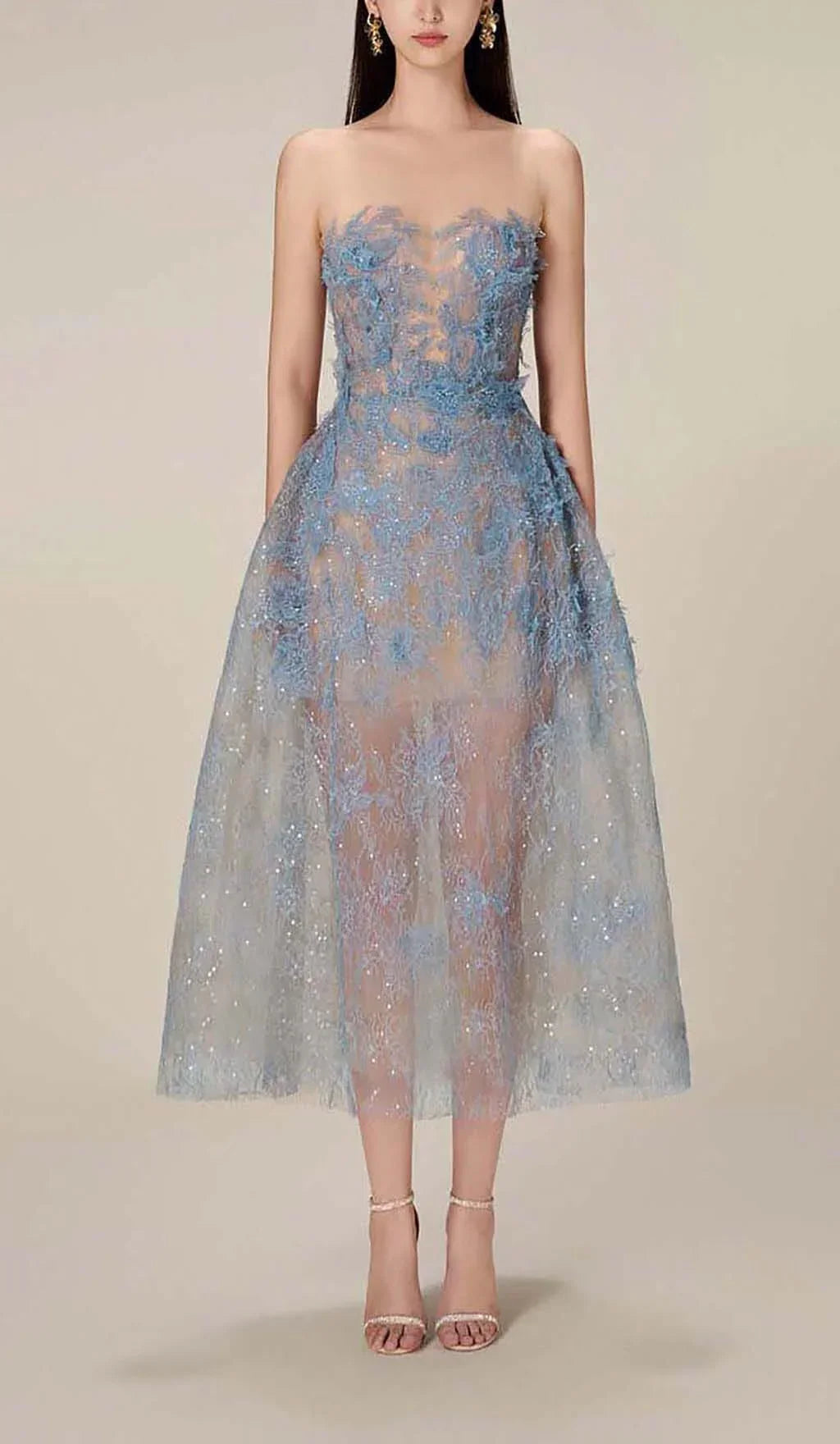 Women's Embroidered Tulle Midi Dress with Strapless Bodice