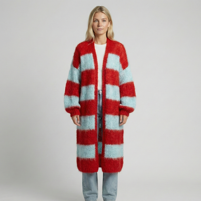 Women's Longline Striped Cardigan with Dropped Shoulders