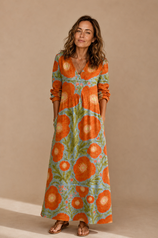 Women's Long Sleeve Maxi Dress With Flower Print