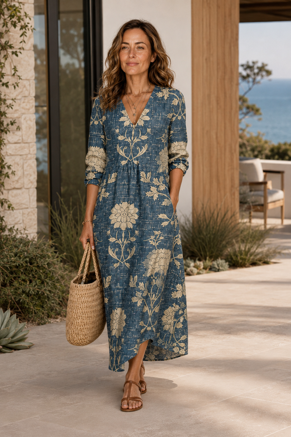 Women's Long Sleeve Maxi Dress With V-Neck