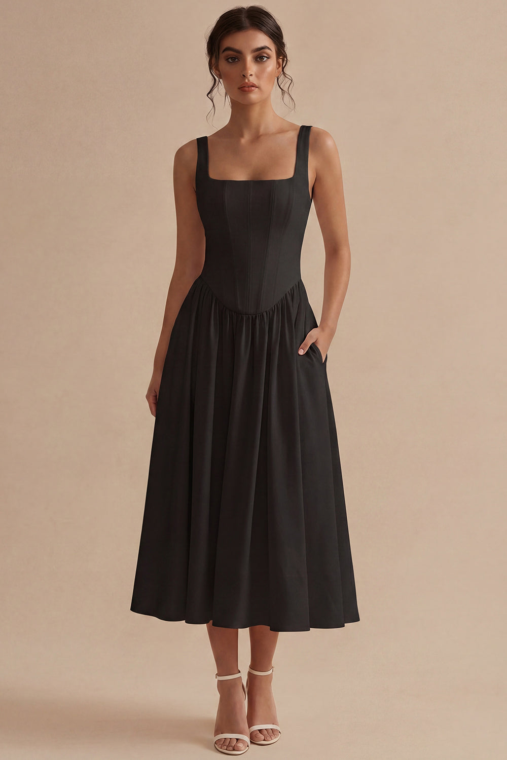 Women's A-Line Midi Dress with Structured Bodice