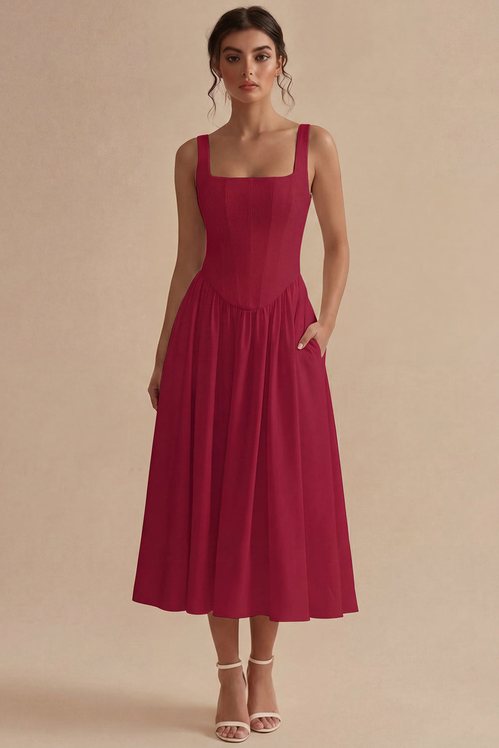 Women's A-Line Midi Dress with Structured Bodice