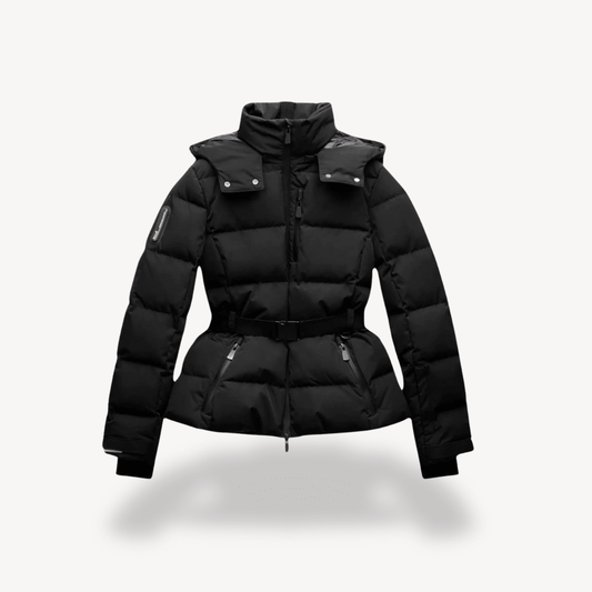 Women's Padded Jacket with Belted Waist and Hood