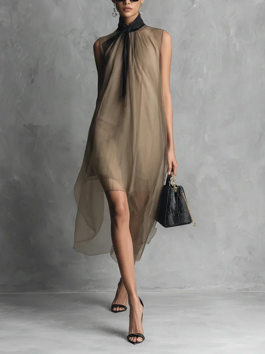 Women's Chiffon Midi Dress with Bow Neck