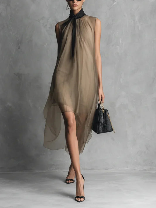 Women's Chiffon Midi Dress with Bow Neck
