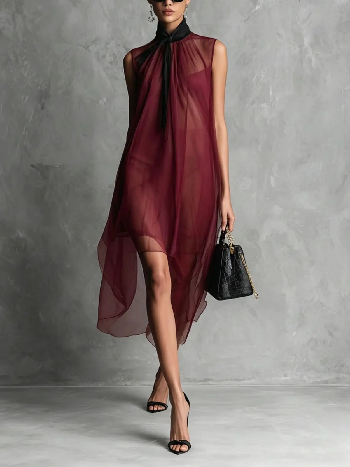 Women's Chiffon Midi Dress with Bow Neck