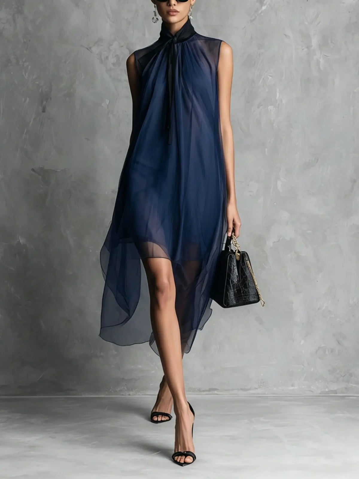 Women's Chiffon Midi Dress with Bow Neck