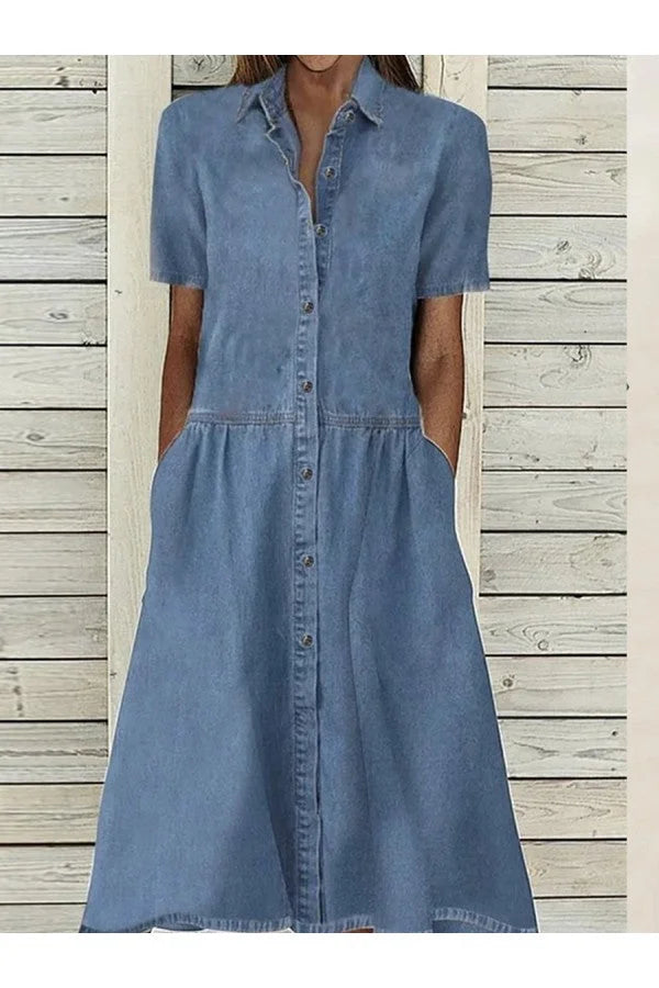 Women's Denim Shirt Dress with Short Sleeves - photo 1