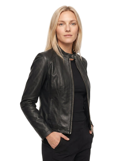 Women's Fitted Leather Jacket with Ribbed Trims