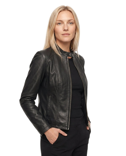 Women's Fitted Leather Jacket with Ribbed Trims