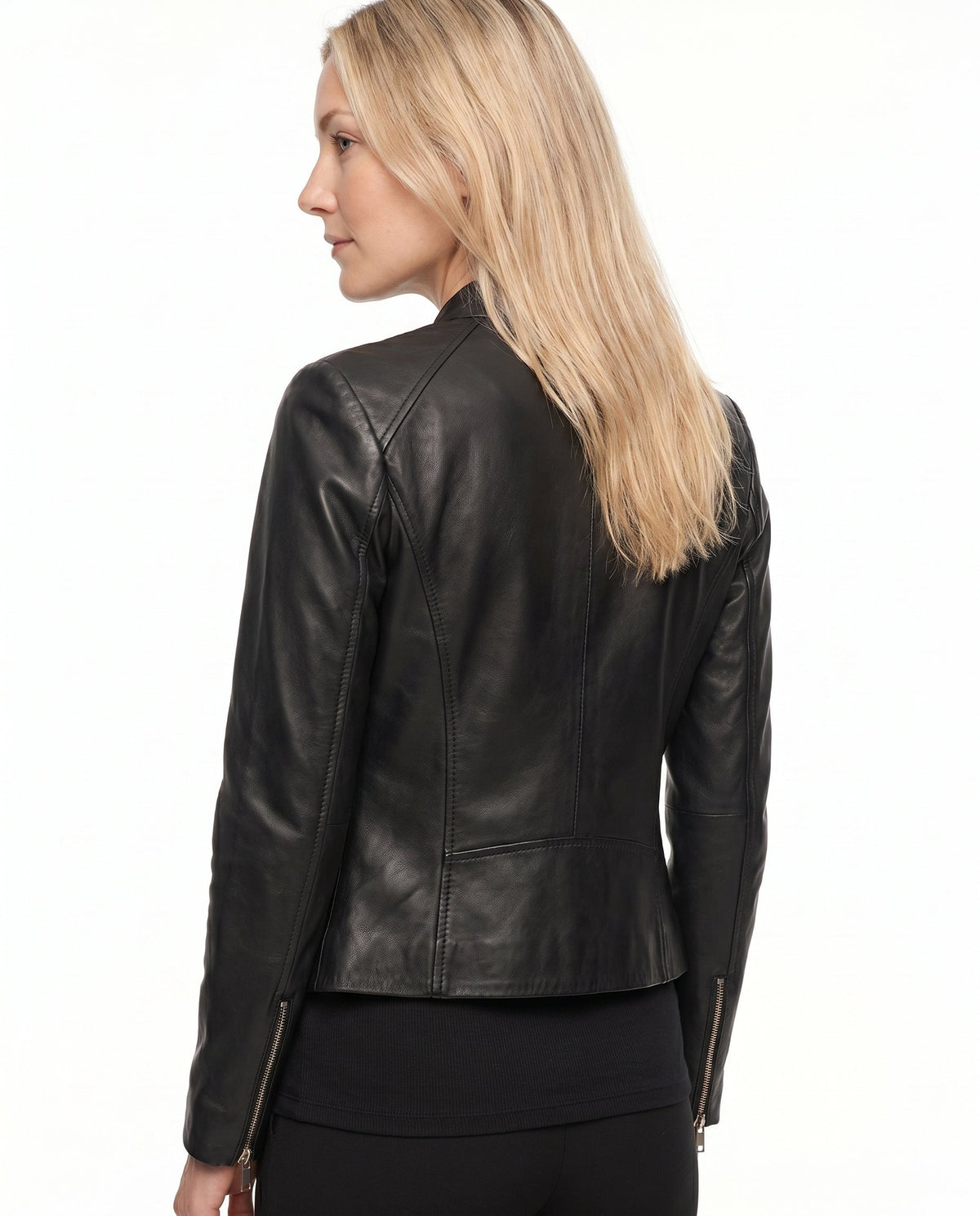Women's Fitted Leather Jacket with Ribbed Trims
