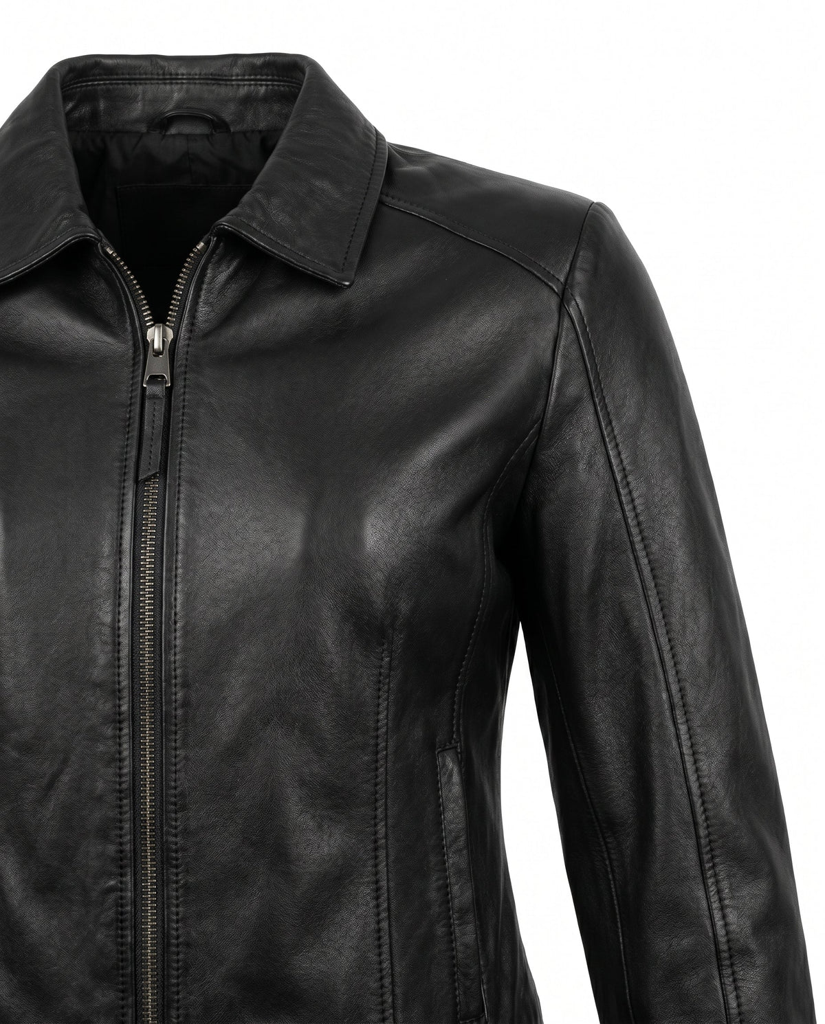 Women's Fitted Leather Jacket with Ribbed Trims