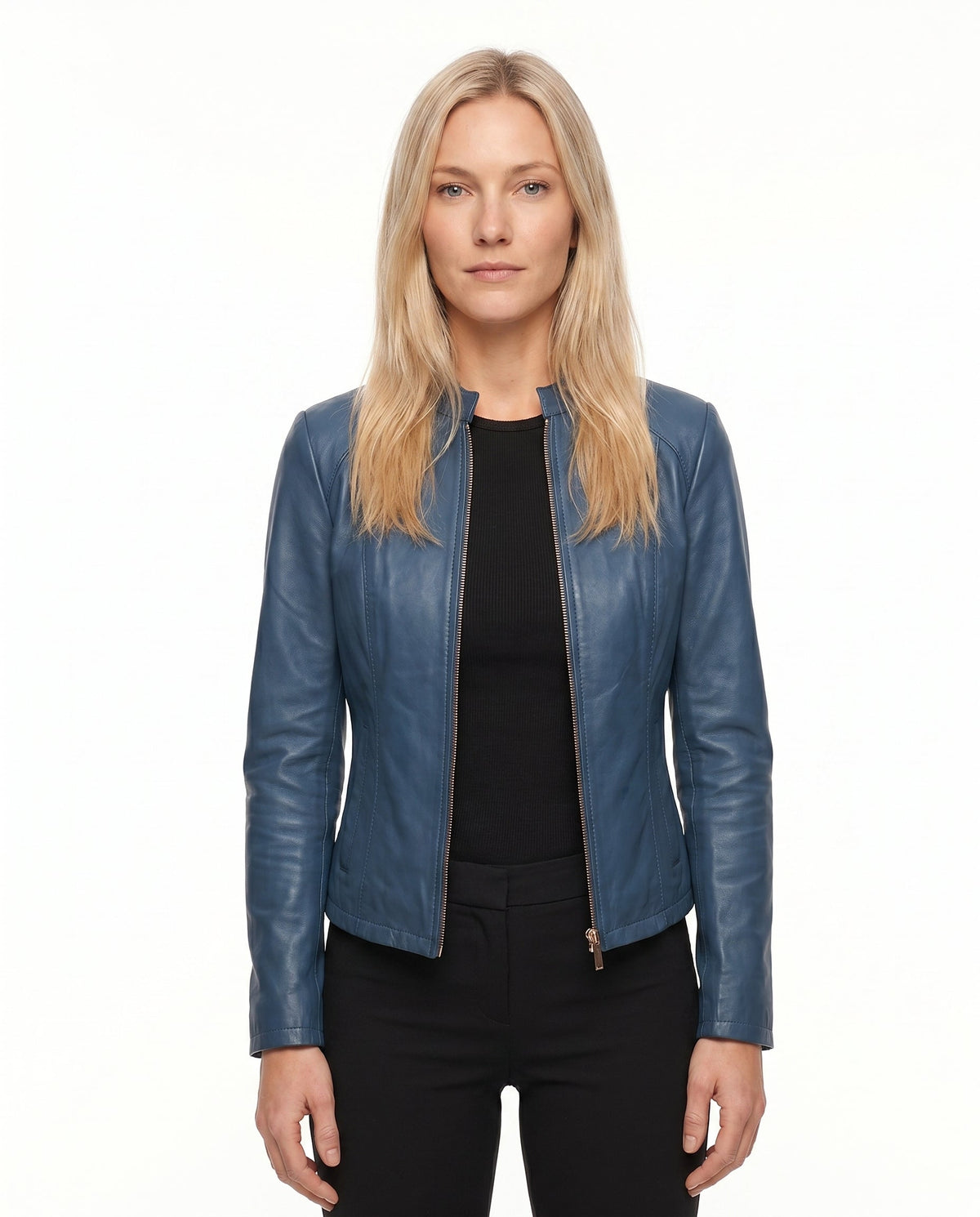 Women's Fitted Leather Jacket with Ribbed Trims