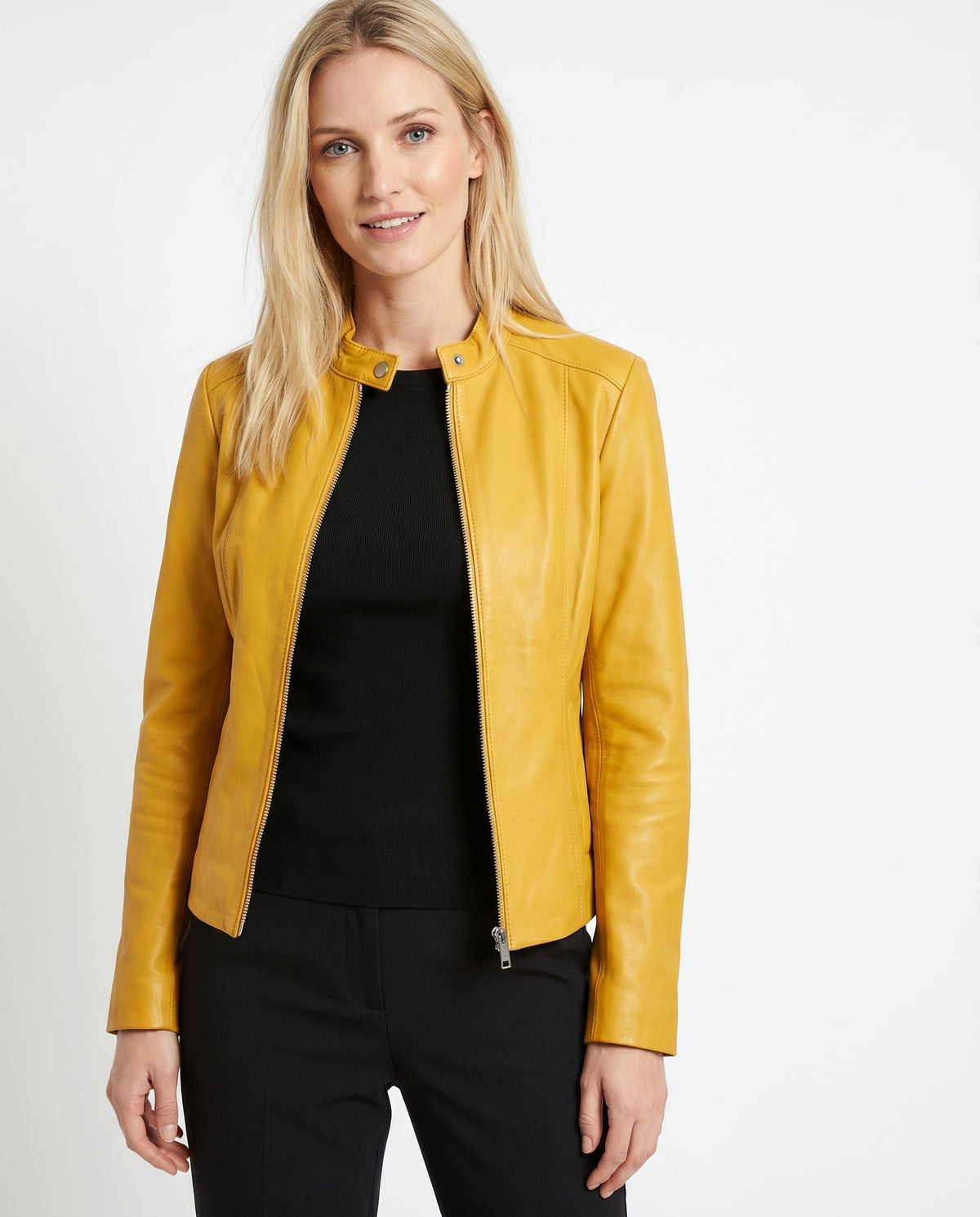 Women's Fitted Leather Jacket with Ribbed Trims