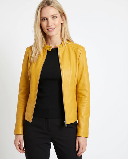 Women's Fitted Leather Jacket with Ribbed Trims