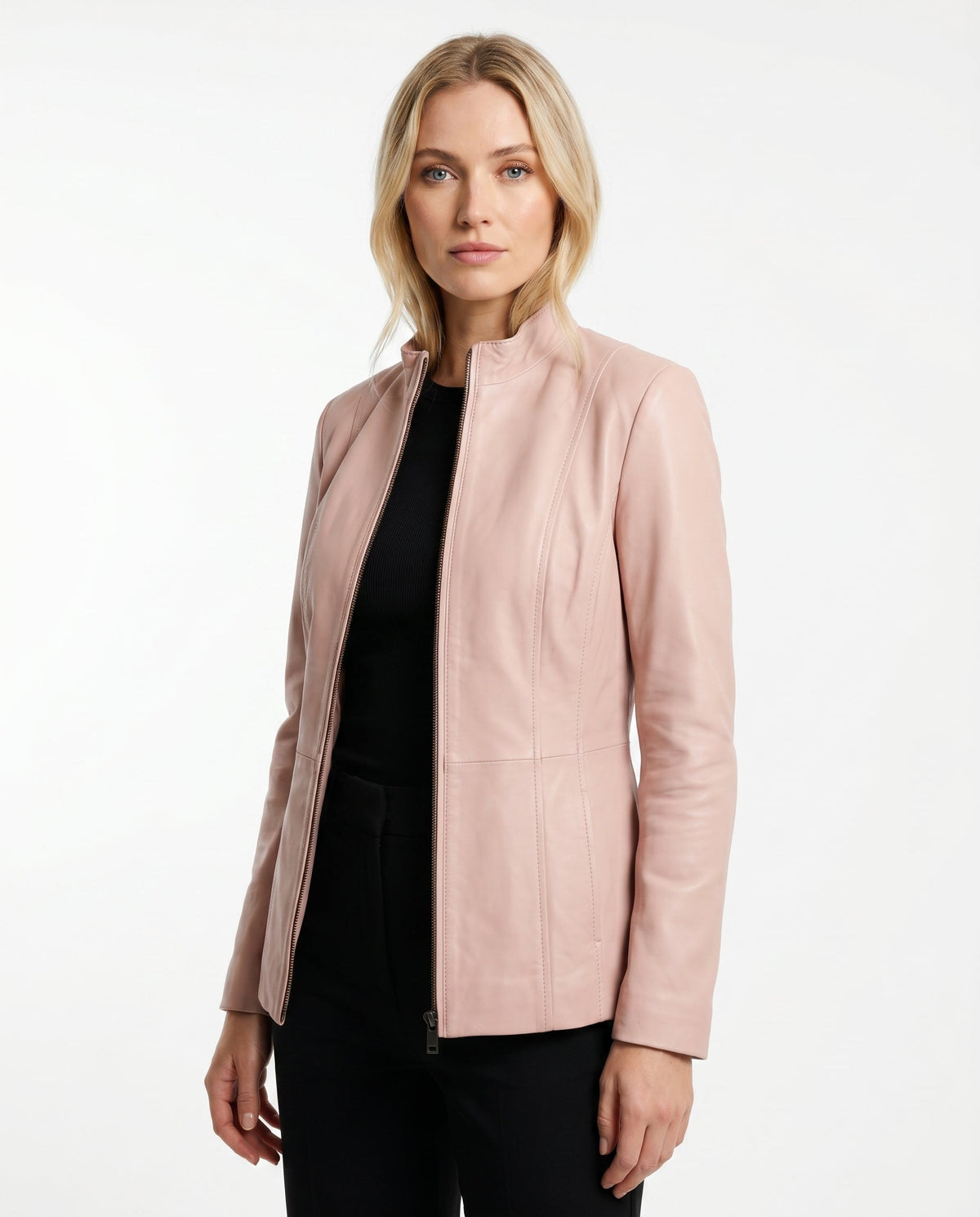 Women's Fitted Leather Jacket with Ribbed Trims