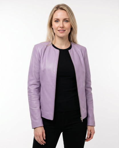 Women's Fitted Leather Jacket with Ribbed Trims
