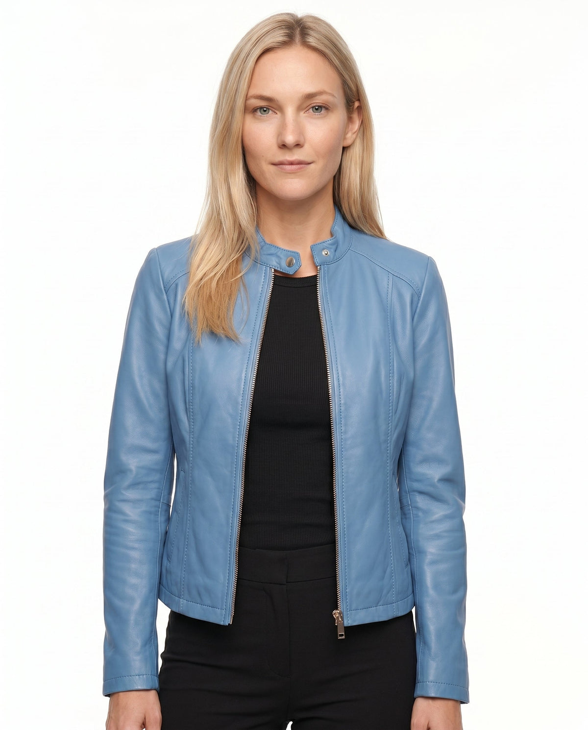 Women's Fitted Leather Jacket with Ribbed Trims