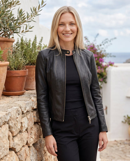 Women's Fitted Leather Jacket with Ribbed Trims
