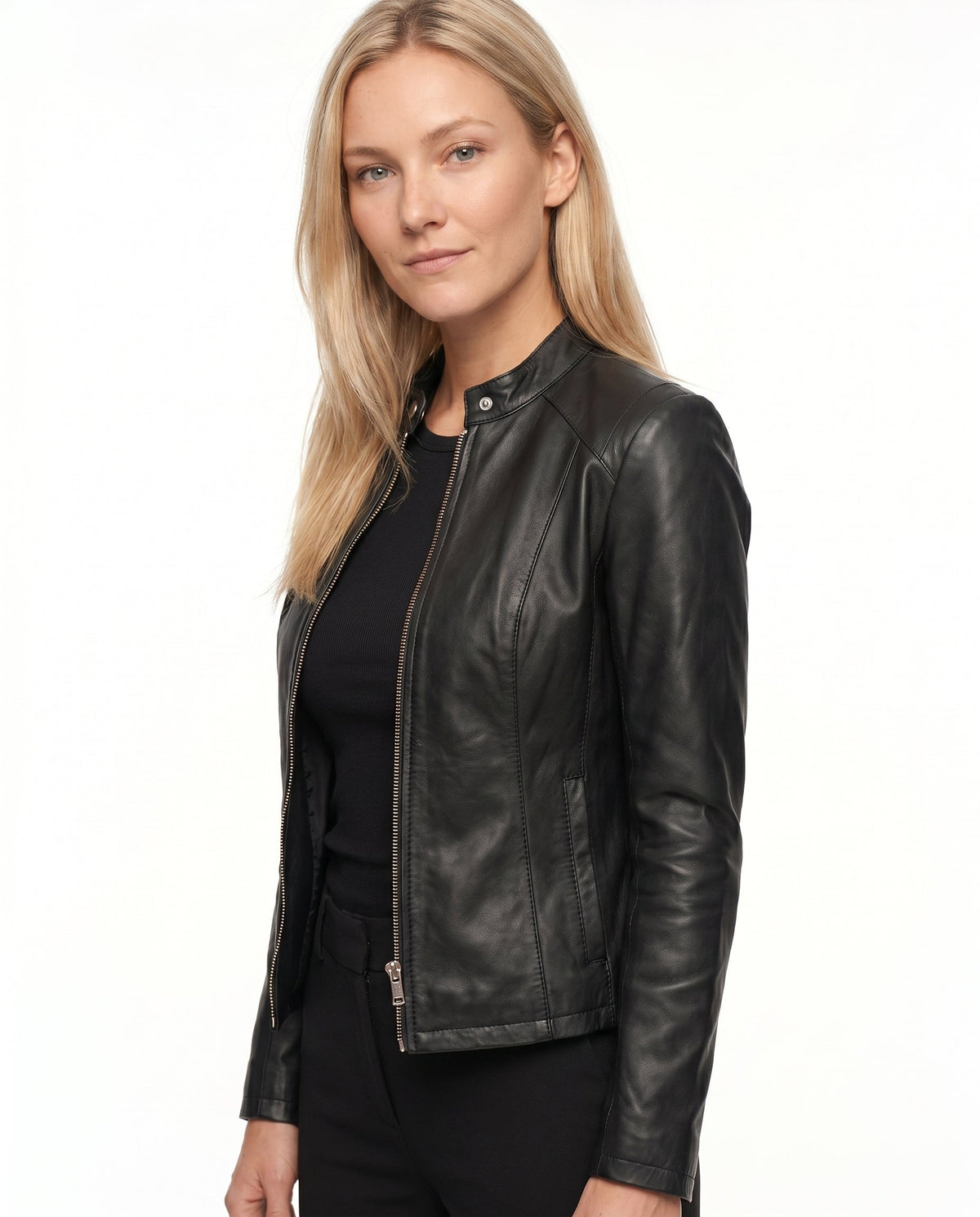 Women's Fitted Leather Jacket with Ribbed Trims