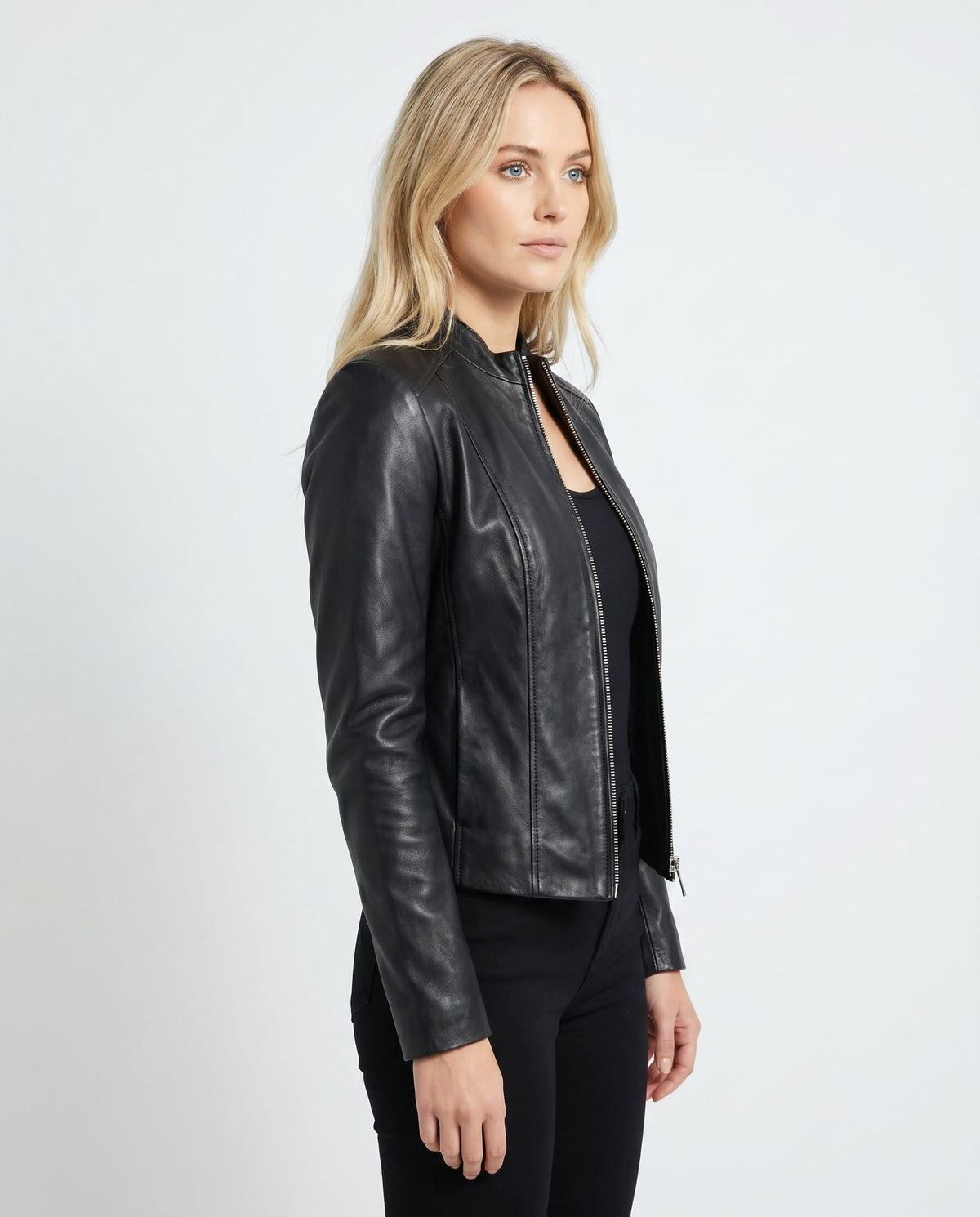 Women's Fitted Leather Jacket with Ribbed Trims