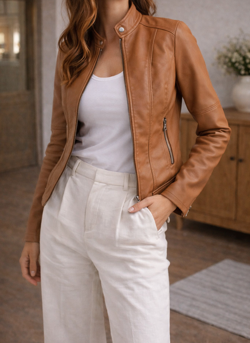 Women's Fitted Leather Jacket with Zip Front