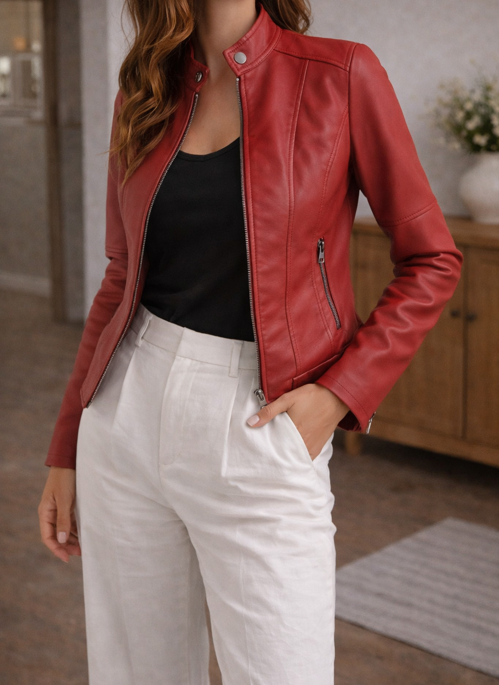 Women's Fitted Leather Jacket with Zip Front