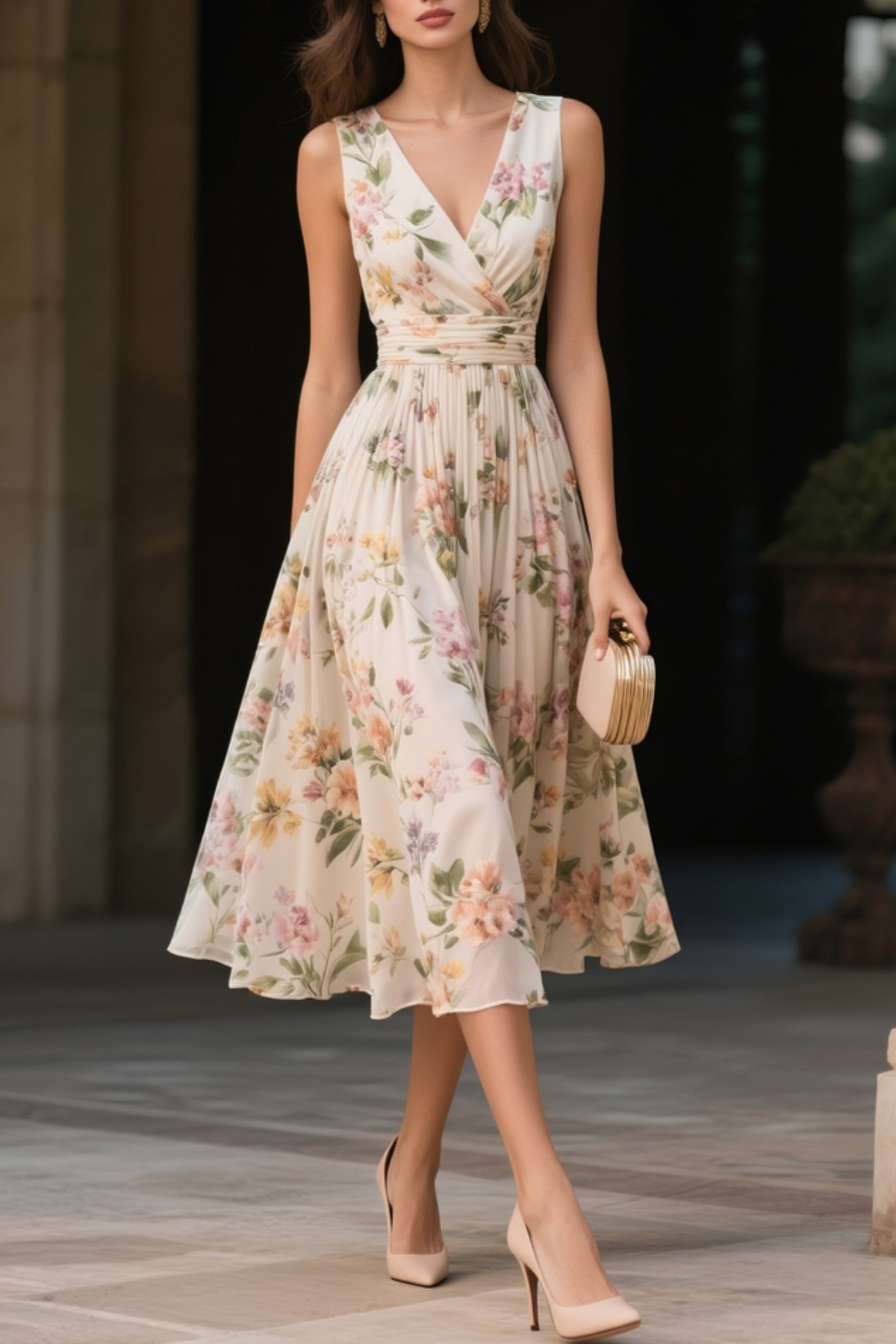 Women's Floral Chiffon Midi Dress with Ruched V-Neck - photo 1