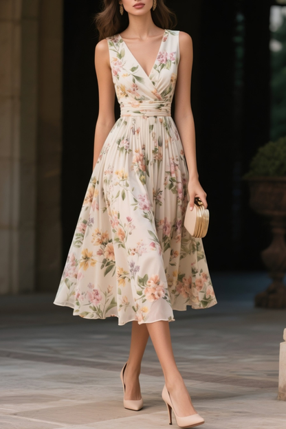 Women's Floral Chiffon Midi Dress with Ruched V-Neck - photo 1