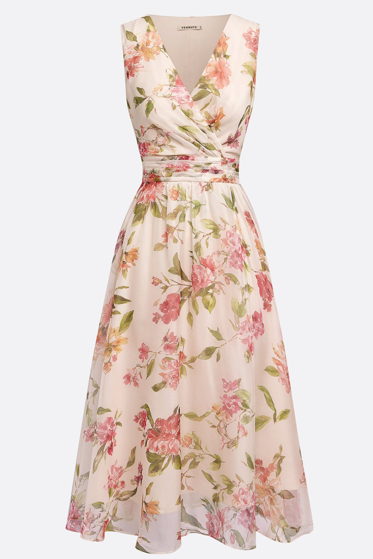 Women's Floral Chiffon Midi Dress with Ruched V-Neck - photo 4