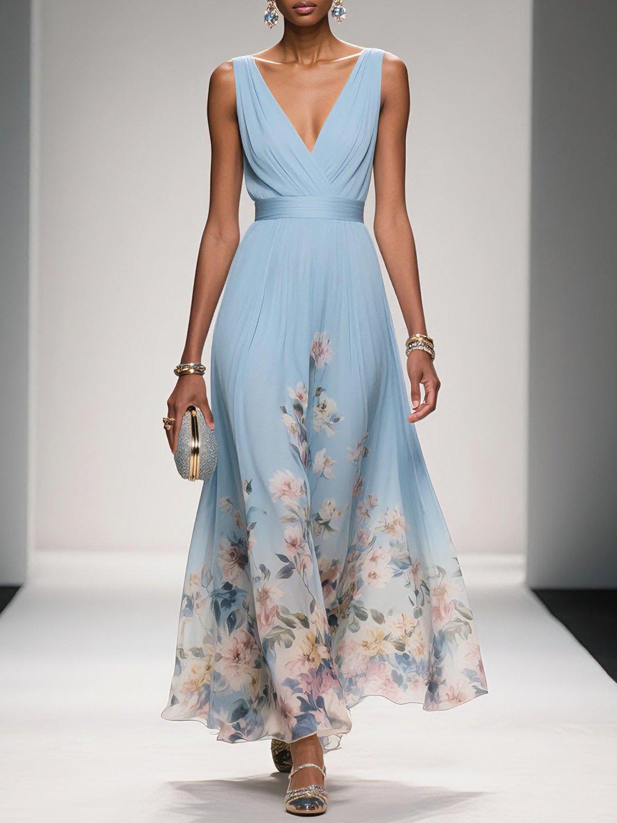 Women's Floral Maxi Dress with Pleated Bodice