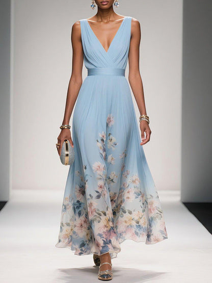 Women's Floral Maxi Dress with Pleated Bodice