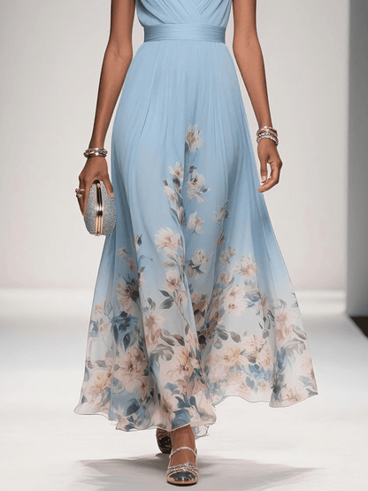 Women's Floral Maxi Dress with Pleated Bodice