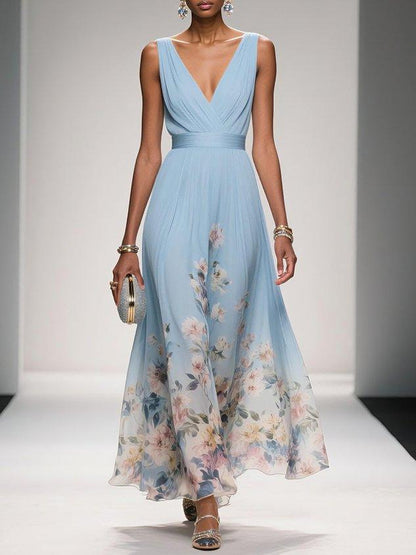 Women's Floral Maxi Dress with Pleated Bodice