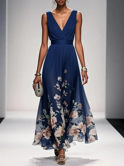 Women's Floral Maxi Dress with Pleated Bodice