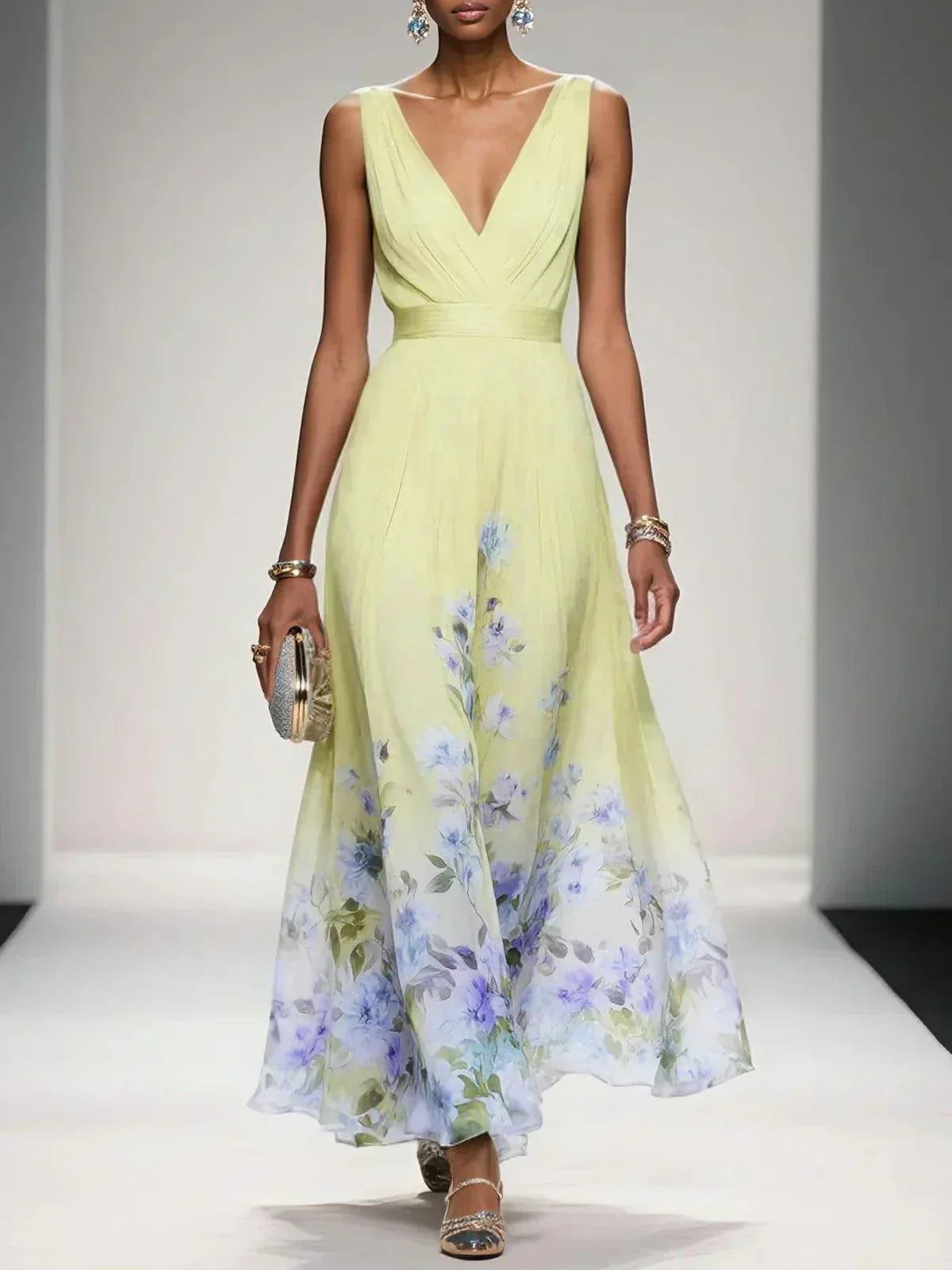 Women's Floral Maxi Dress with Pleated Bodice