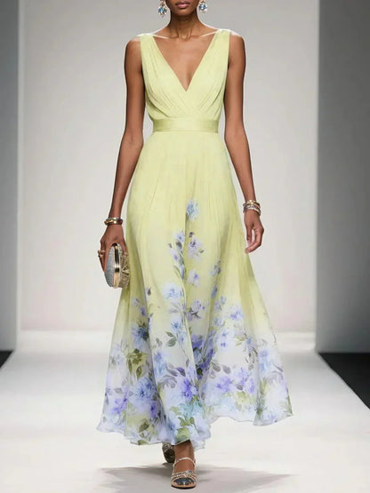 Women's Floral Maxi Dress with Pleated Bodice