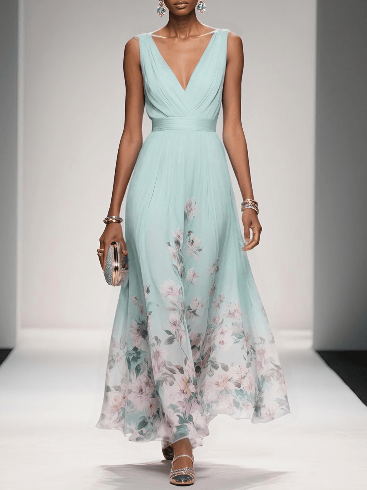 Women's Floral Maxi Dress with Pleated Bodice