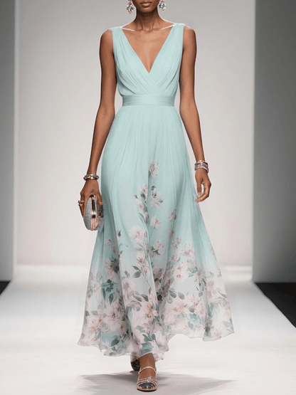 Women's Floral Maxi Dress with Pleated Bodice